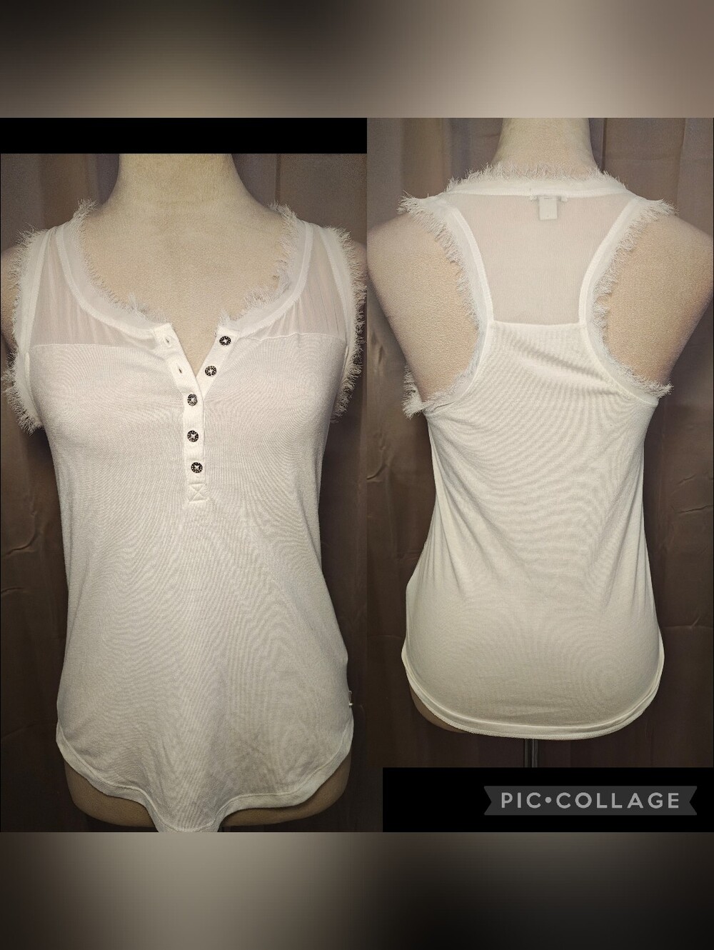 Y2K Guess White Henley Tank Top w Eyelash Feather Trim & Sheer Panel Back.
